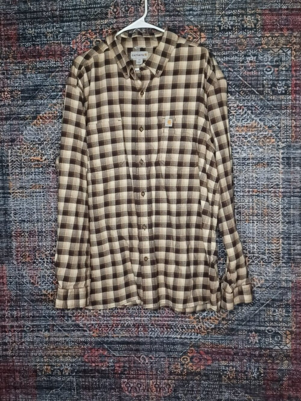 Carhartt mens brown beige plaid relaxed fit button down shirt 2XL 103314